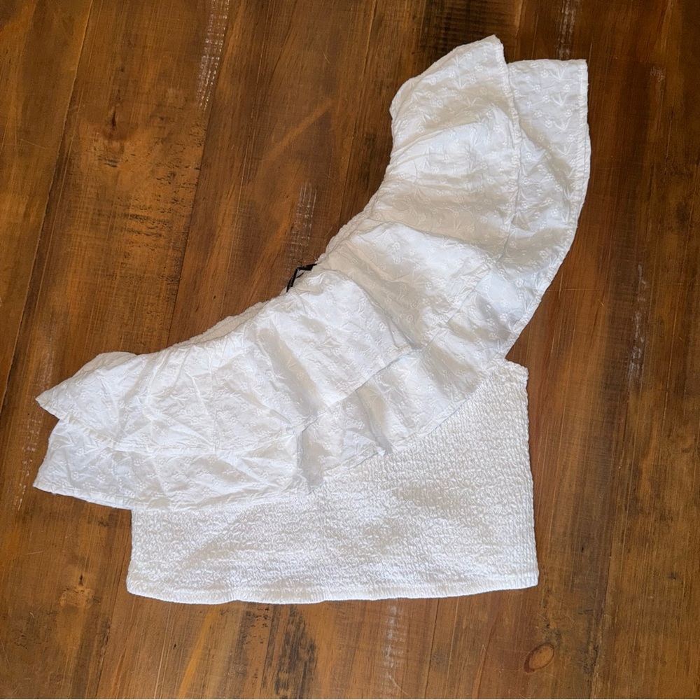 Abercrombie & Fitch White One-Shoulder Ruffle Eyelet Crop Top Size Large
